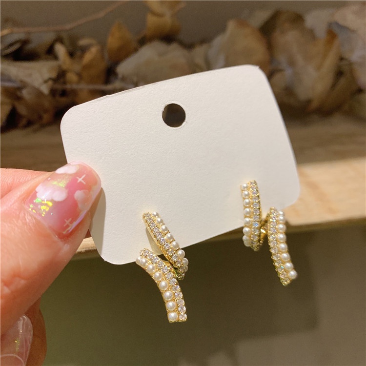 Bông Tai Ngọc Trai Đính Kim Cương Giả Lấp Lánh Phong Cách Hàn Quốc Cho Nữ