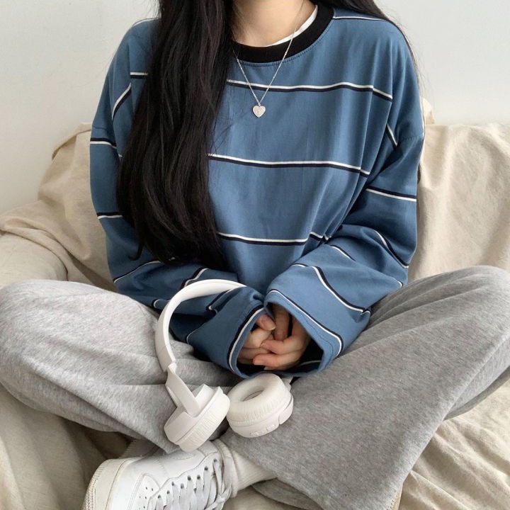 Áo Thun Dài Tay Dáng Rộng Họa Tiết Kẻ Sọc Thiết Kế Mới Thời Trang Theo Phong Cách Hàn Quốc Cho Nữ