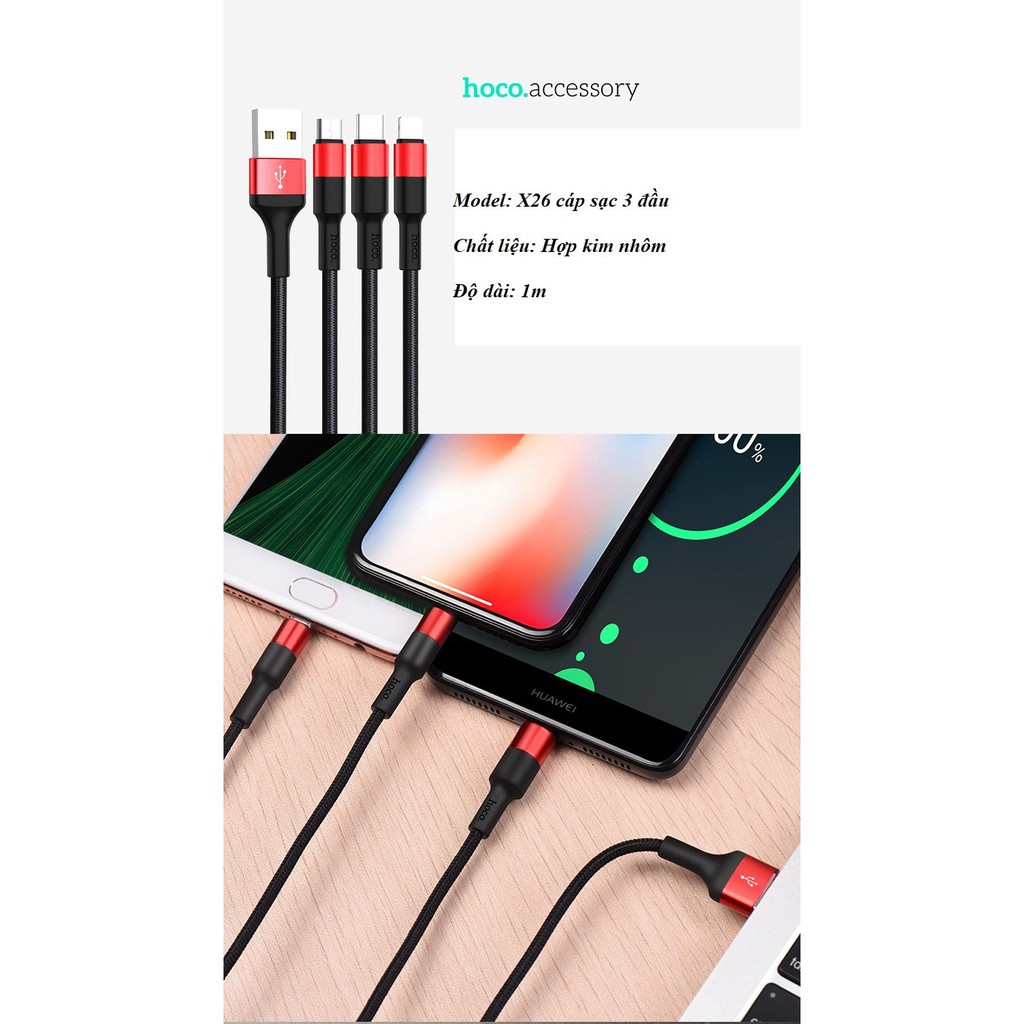 Cáp Sạc Nhanh 3 Đầu Chống Đứt Gãy Hoco X26 Micro Usb Type C dây dù dài 1m Bảo Hành 12 tháng