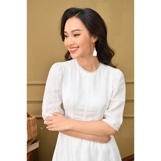 Váy Linen Nữ K115 - Đầm Đuôi Cá Cổ Tròn Thêu Ren Ngực Thiết Kế Thanh Lịch Cao Cấp