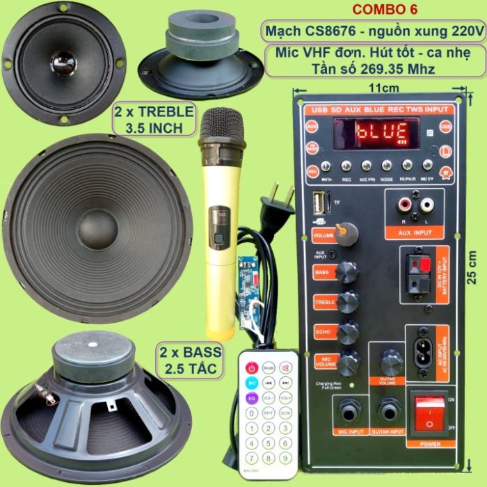 Mạch loa kéo 2.5 tấc đôi CS8676 60W – 120W có nguồn xung 220V kèm Micro đơn hoặc Micro đôi – Bluetooth Karaoke Guitar đi