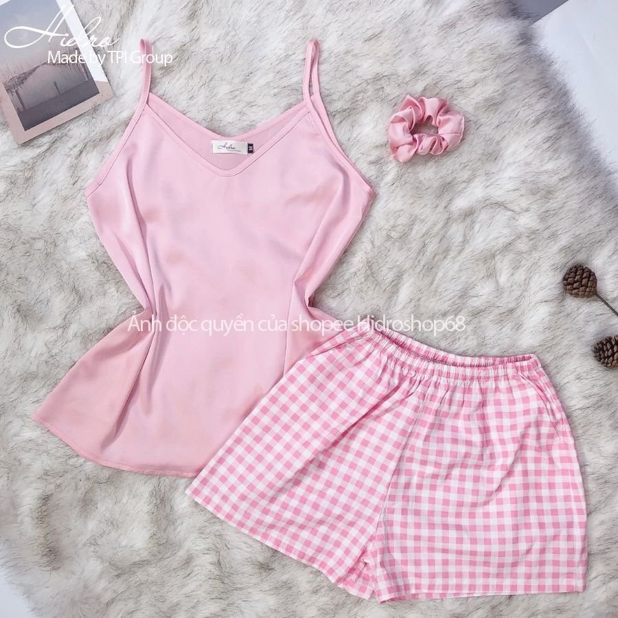 Bộ Hai Dây Lụa Satin Mix Quần Kẻ Caro Chất Đẹp
