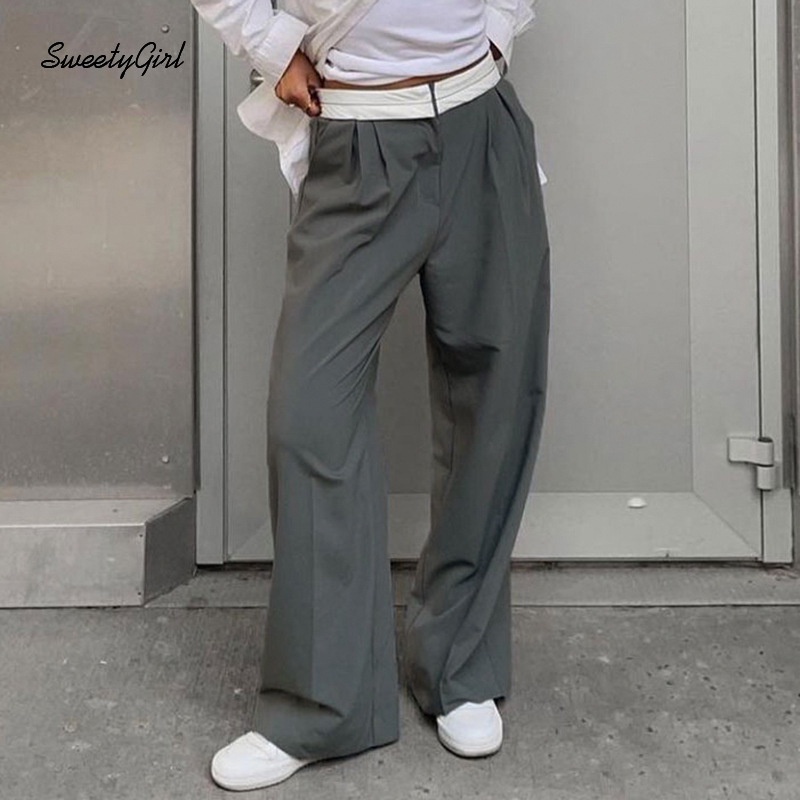 Quần Ống Rộng Lưng Cao Màu Sắc Tương Phản Thời Trang Dành Cho Nữ 2022