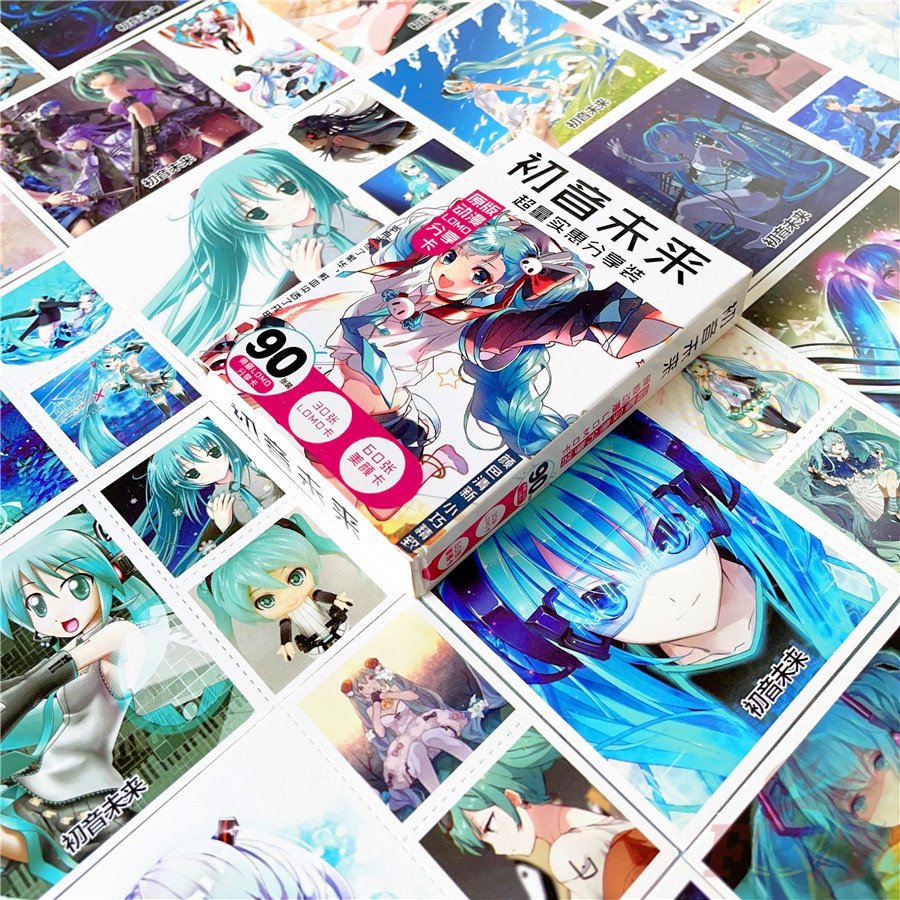❤ Bộ 90 Thẻ Hình Ca Sĩ Ảo Hatsune Miku Xinh Xắn ❤ Set 30 Tấm Bưu Thiếp Mini 6.2×6.2cm + 60 Tấm Lomo 3×3.1cm