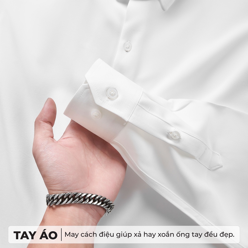 Áo sơ mi nam tay dài Trắng Đen POLYS Fullbox, Vải Chéo Thái dày dặn, co giãn, thoáng khí LONG SLEEVE