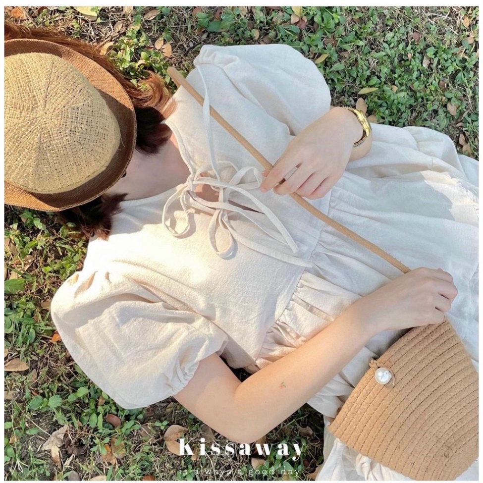 Váy xuông babydoll tay bồng nữ đan dây ngựa buộc nơ phong cách hàn quốc trẻ trung V104 coco land sang chảnh. trendy hot