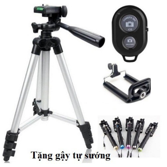 Combo 3 món chân đế chụp hình Tripod TF-3110+kẹp điện thoại+remote bluetooth tặng 1 gậy tự sướng gia ngon