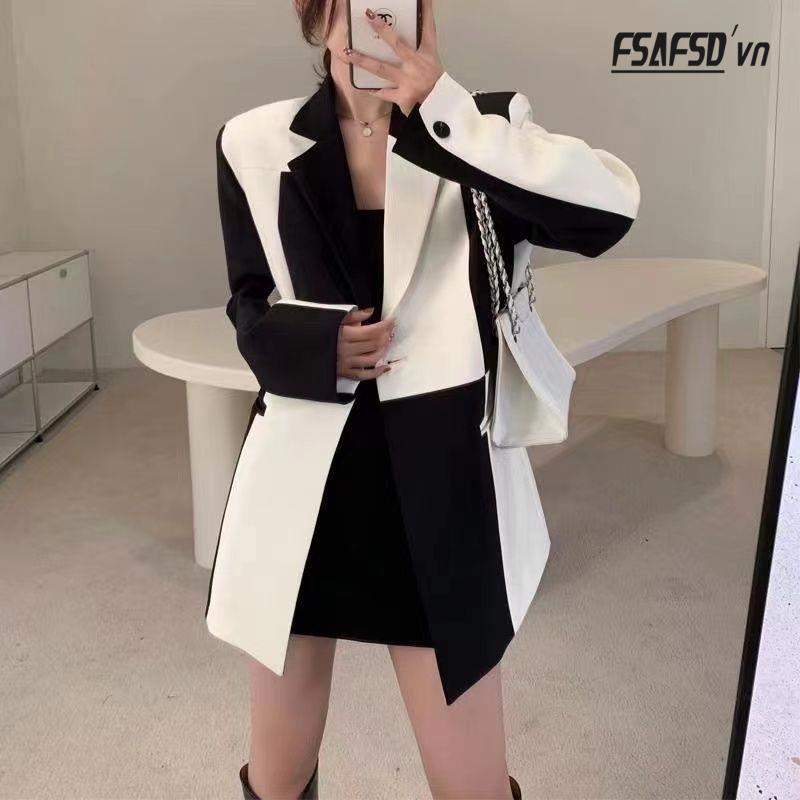 Áo Khoác Vest Dáng Rộng Cỡ Lớn Phối Màu Đen Trắng Thời Trang Xuân Thu 2022 Cho Nữ