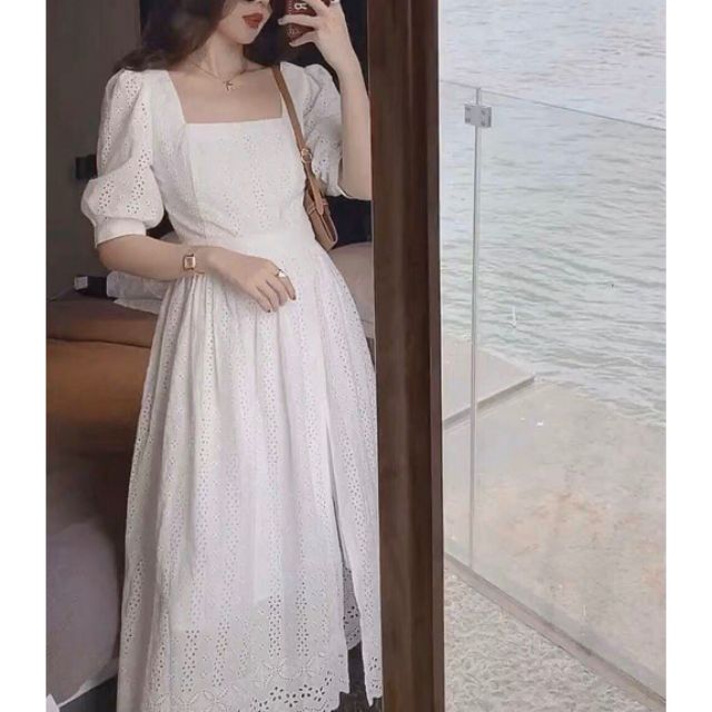Đầm Maxi ren xô trắng cổ vuông