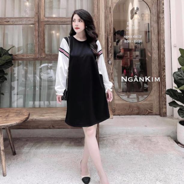 HLU 86 - VÁY SUÔNG ĐEN TAY TRẮNG PHỐI SỌC