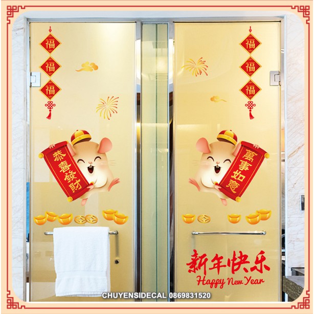 Decal dán Tết - Cặp Chuột Cầm tờ Liễu chúc Xuân