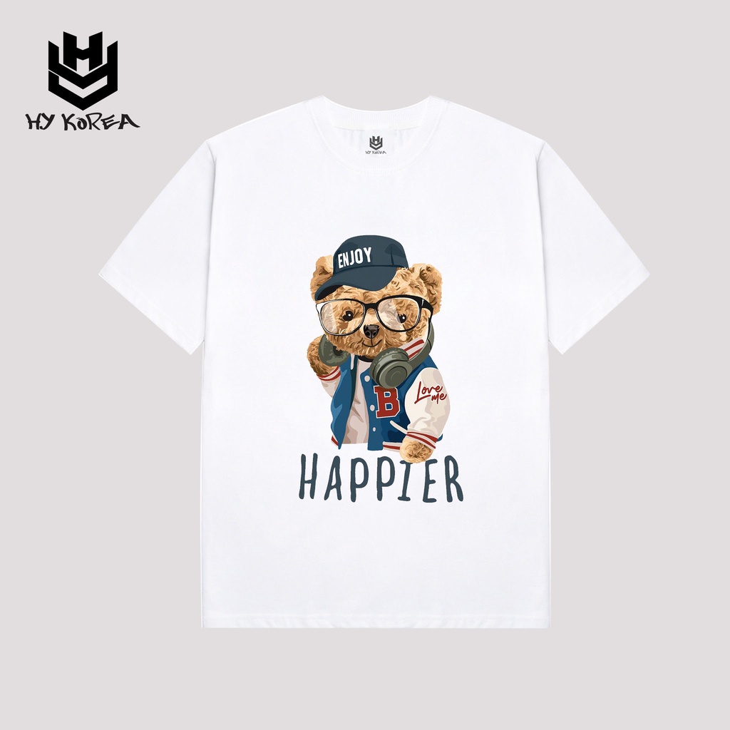 Áo Thun Tay Lỡ Cotton 100% HY Korea In Hình Gấu Happier 08.