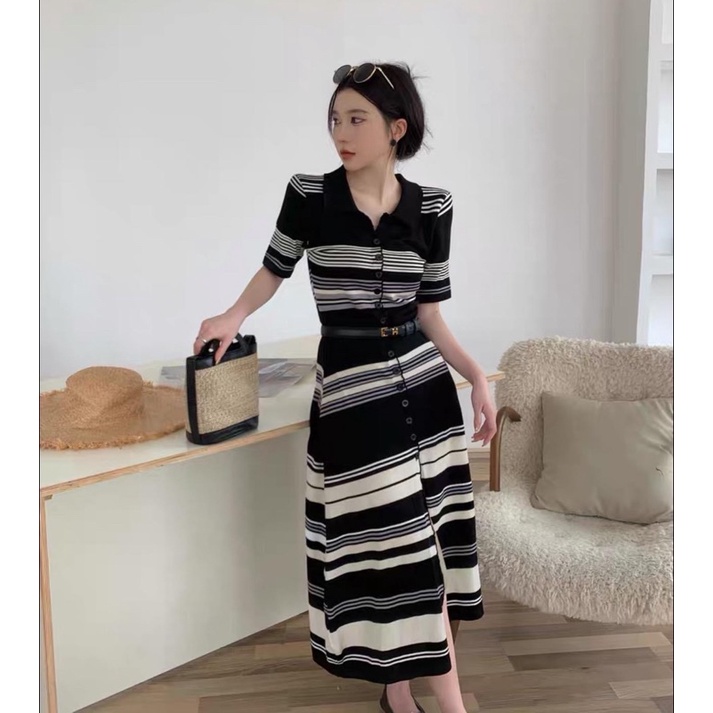Váy len polo kẻ ngang cộc tay