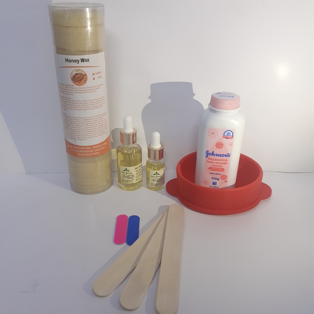 set wax sáp khoanh:500g sáp khoanh + chén silicon + mỡ trăn +  phấn rôm 100g Johnson baby (tặng que sáp + đồ dũa móng)