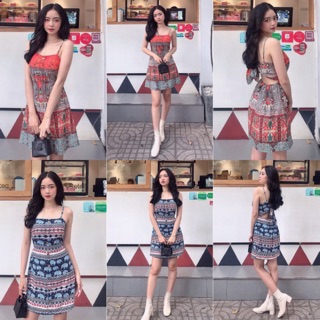 Đầm Lolii Dress hoạ tiết thổ cẩm chất vải lụa mịn - váy 2 dây hở lưng thắt nơ lưng có sẵn mút ngực from chuẩn tôn dáng