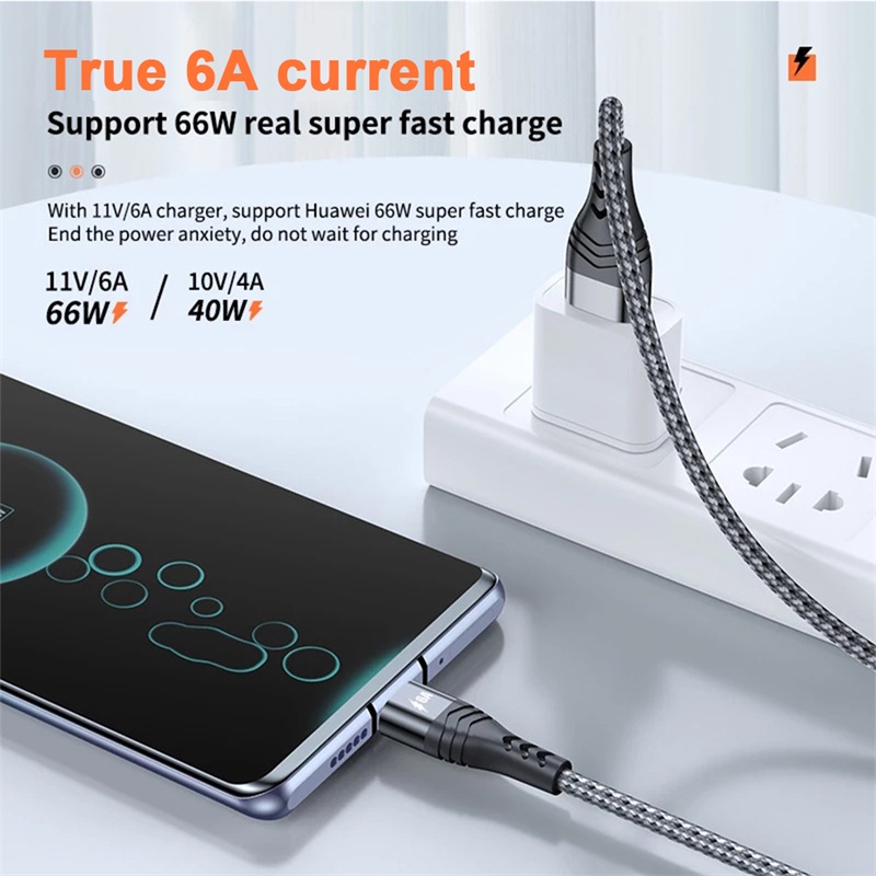 66W 6A Super Charge Type C Cáp sạc Nylon bện SCP USB C Type-c Bộ sạc điện thoại di động Dây dữ liệu cho Mate 40 Pro