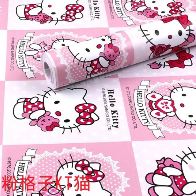 Giấy dán tường hello kitty 10mx 45cm ô hồng trắng