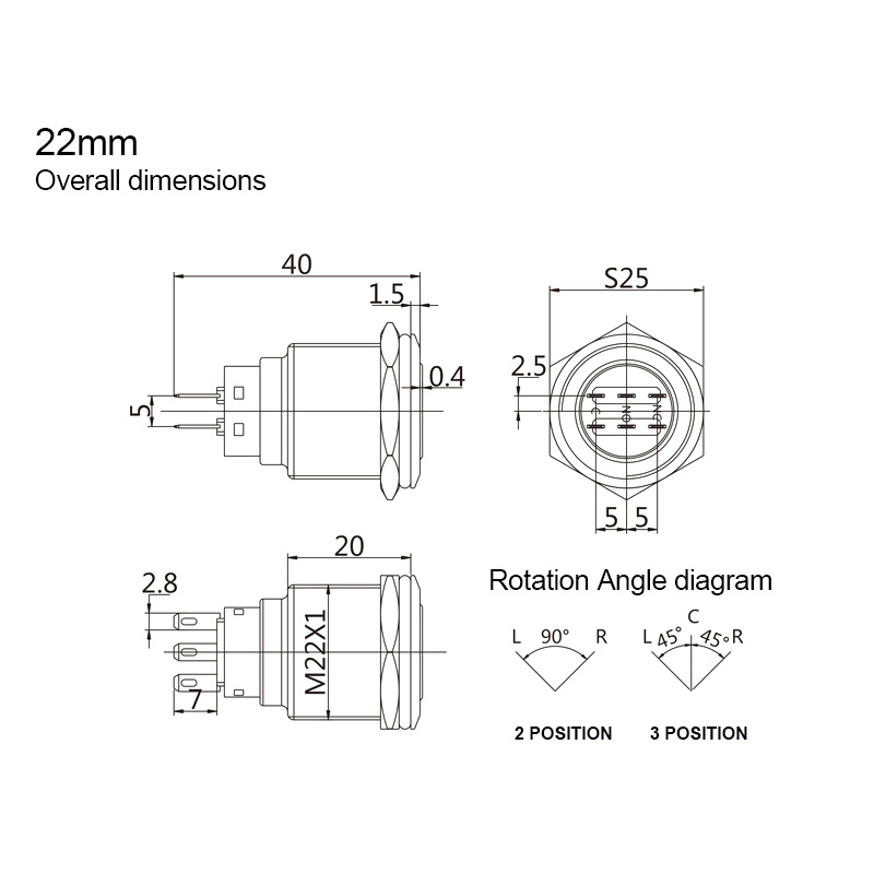 Công Tắc Xoay Bằng Kim Loại Có Đèn led 2-3 Nút 9-24V 19mm 22mm