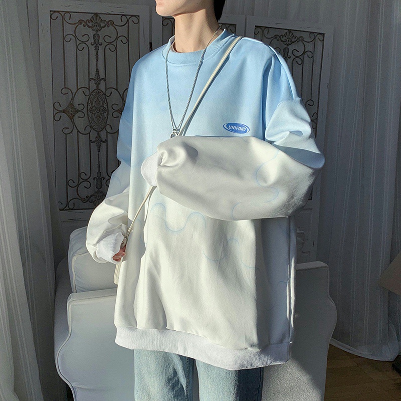Áo sweater cổ tròn dáng rộng màu gradient thời trang mùa thu cho nam giới