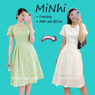 Đầm xòe dự tiệc hoa văn, Đầm nữ đầm dáng xòe nhún eo Cao Cấp cổ tròn tay ngắn đính cườm, nữ tính tôn da MiNhi
