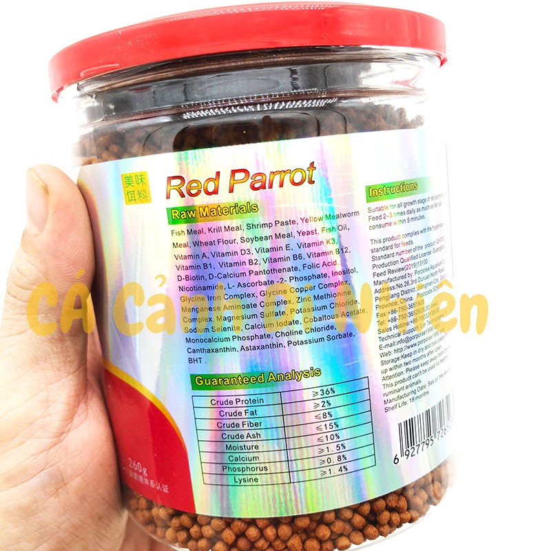 Thức ăn cá hồng két, giúp cá lên màu đỏ đẹp Red Parrot 260 gram - Cám cá heo