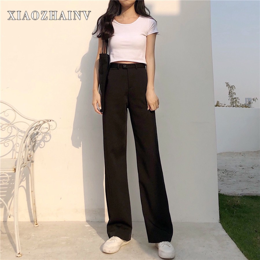 Quần Dài Xiaozhainv Lưng Cao Dáng Rộng Màu Đen Vintage | BigBuy360 - bigbuy360.vn