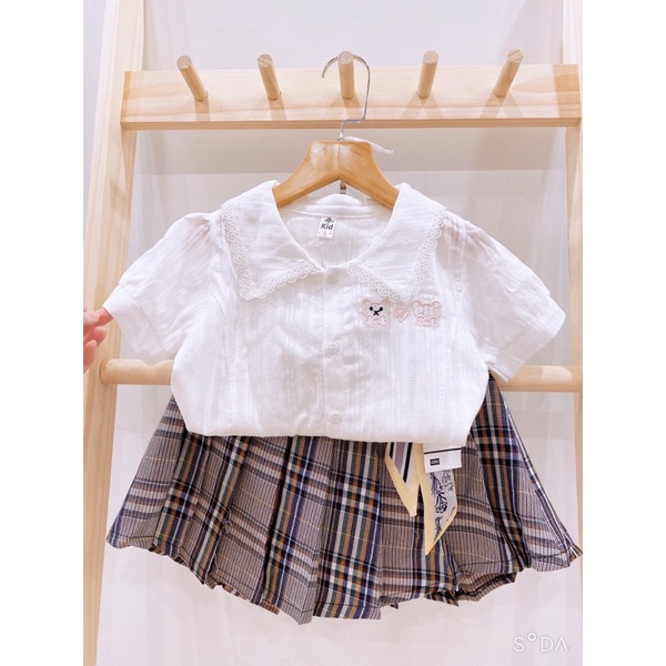 Sét chân váy cho bé, sét váy tiểu thư áo đũi viền mix chân váy xếp ly có lót quần cho bé