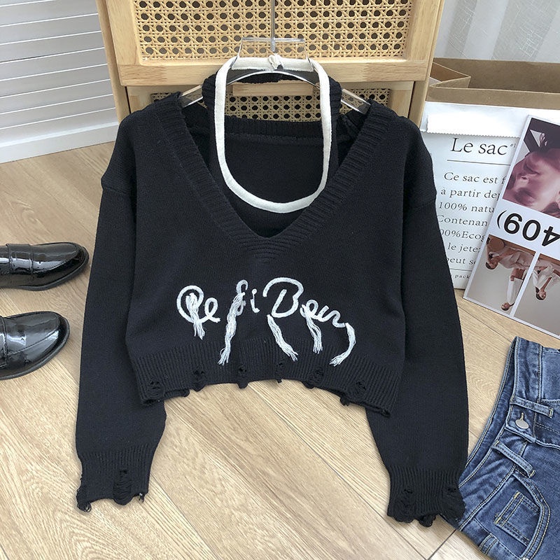 Set Áo Thun Dài Tay In Chữ + Áo Len Không Tay Phong Cách Hàn Quốc Dành Cho Nữ