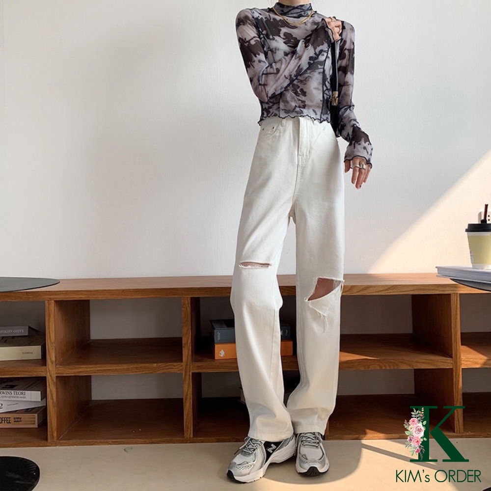 Quần jeans nữ ống suông rộng màu đen màu trắng rách ống cá tính phong cách Ulzzang đủ size thời trang