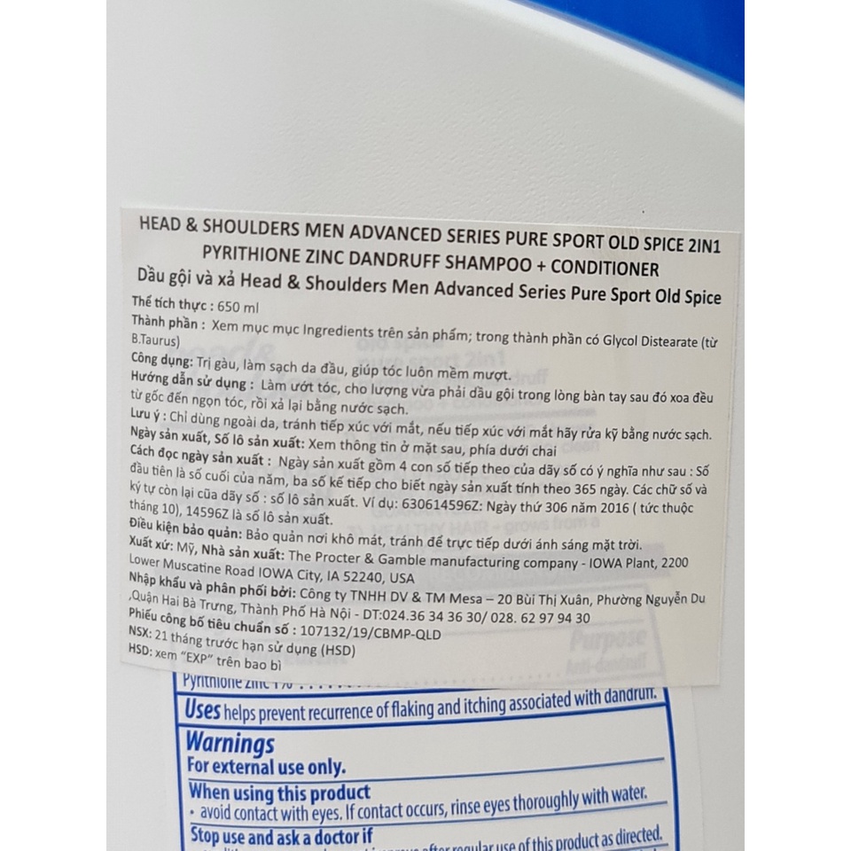 Dầu Gội Xả 2 Trong 1 Giảm Gàu Ngứa Cho Nam Head &amp; Shoulders Men Series Pure Sport Old Spice 650ml Mỹ