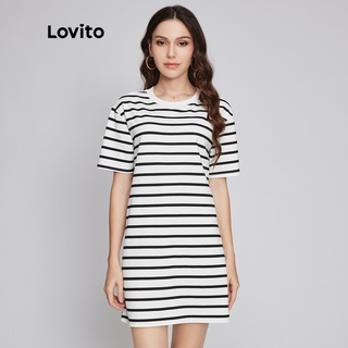 106DP-1221de-Đầm Lovito họa tiết sọc cổ tròn phong cách thường ngày L26LD063 (màu đen và trắng)