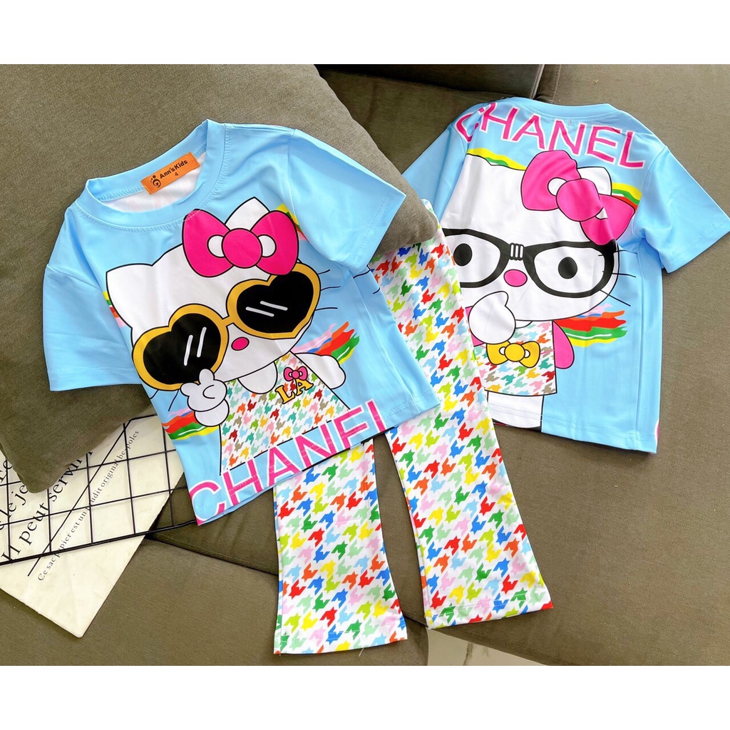 Đồ Bộ Bé Gái 8-40 Kg Set Quần Dài Ống Loe Áo Cộc Tay Thun Lạnh 3D Trẻ Em In Hoạt Hình Hot Trend Đẹp Homie Kids