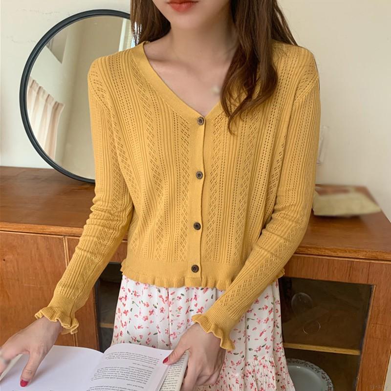 Áo Cardigan Dệt Kim Tay Dài Cổ Chữ V Phối Hàng Nút Phong Cách Hàn Quốc