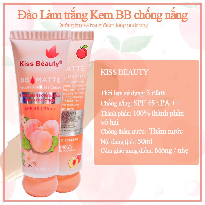 Kem nền BB cream trái đào Kissbeauty-lâu trôi mềm mịn che khuyết điểm tốt makeup | BigBuy360 - bigbuy360.vn