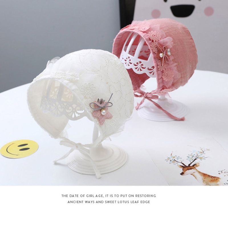 Nón ren buộc dây chất liệu cotton xinh xắn cho bé sơ sinh