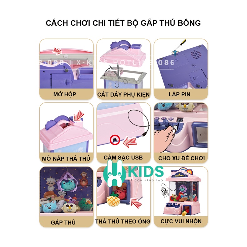 Máy gắp thú bông mini cho bé kích thước lớn kèm xu đếm thời gian, có nhạc có đèn, sẵn nhiều gấu bông cho trẻ em