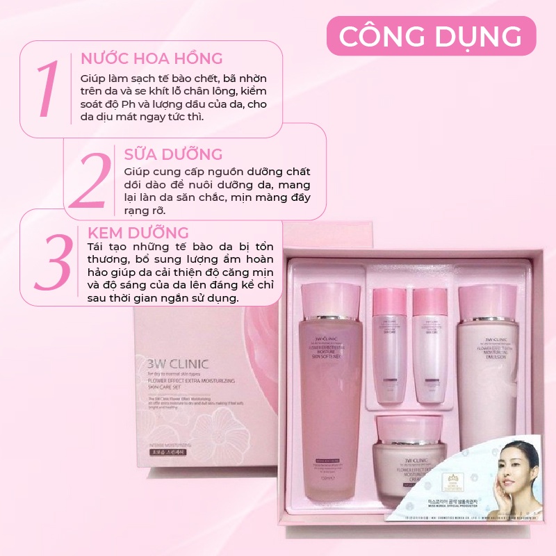 Bộ Skincare Trắng Da Dưỡng Ẩm 3W Clinic 5 in1 Hàn Quốc chiết xuất từ Hoa Hồng Full Sezi giúp da trắng sáng tự nhiên