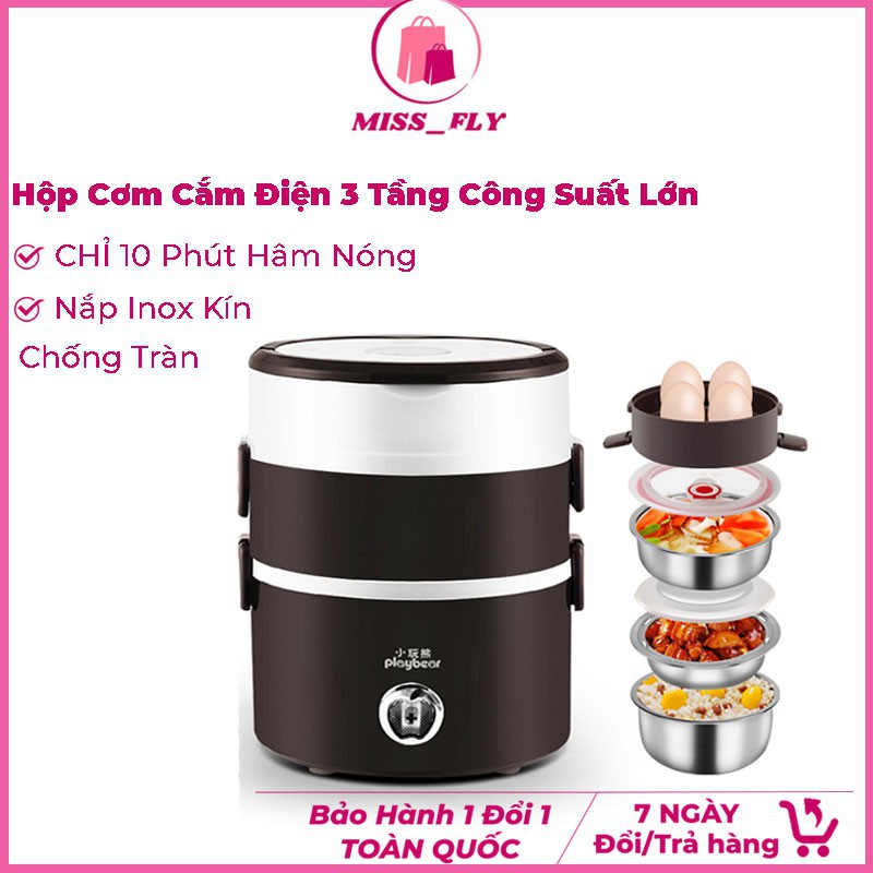 Hộp cơm cắm điện hâm nóng inox cao cấp 3 tầng Play Bear tặng túi đựng xinh xắn