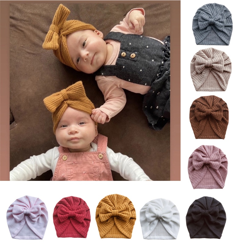 Mũ beanie đan len thắt nơ xinh xắn màu trơn thời trang cho bé sơ sinh