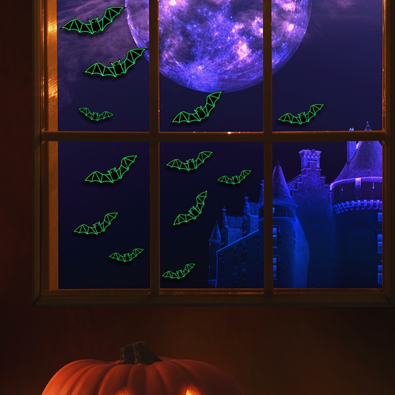 Set 12 Sticker Dán Tường Hình Dơi Đen Phát Quang Trang Trí Halloween
