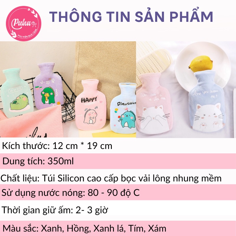 Túi chườm nước nóng PUHA 350ml, chườm ấm nóng đau bụng kinh, túi sưởi ấm giữ nhiệt đa năng