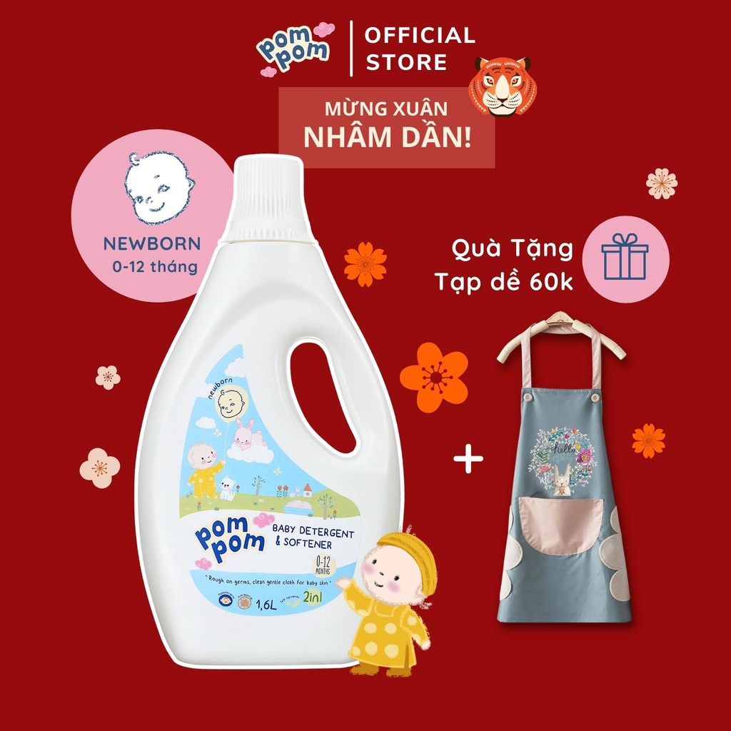 Nước Giặt Xả Em Bé Pom Pom Newborn Kháng Khuẩn Dịu Nhẹ Chai 1.6L