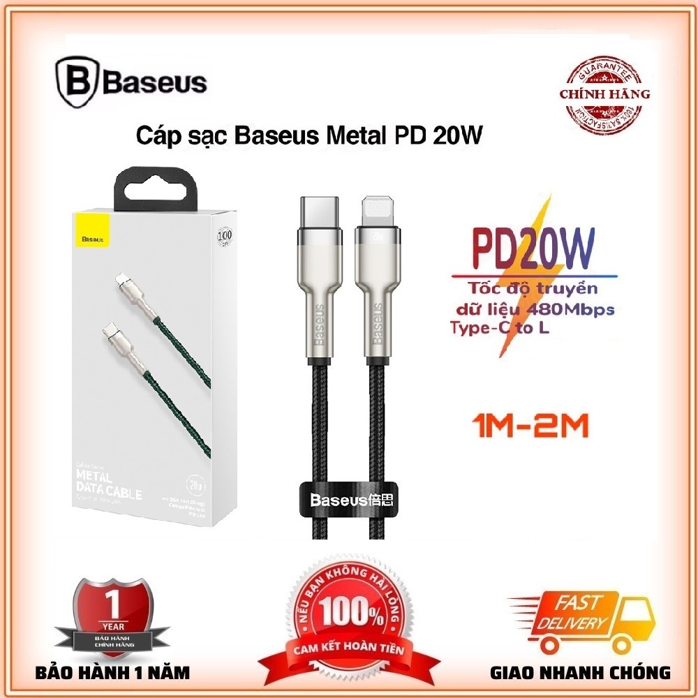Dây Sạc Nhanh PD 20W Type C to L Cáp Sạc Nhanh Baseus Cafule Metal Data Cable Dài 1M/2M - BH 12 Tháng