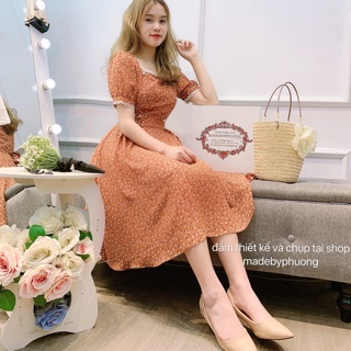 Đầm cổ vuông hoa cam viền ren