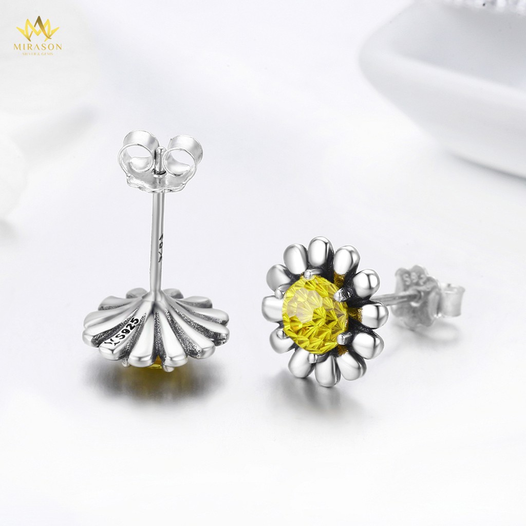 Khuyên Tai Bạc Nữ MIRASON Hoa Cúc Nụ Nạm Đá Vàng Sang Trọng MBT039 - Bông Tai Nữ Bạc 925 Cao Cấp
