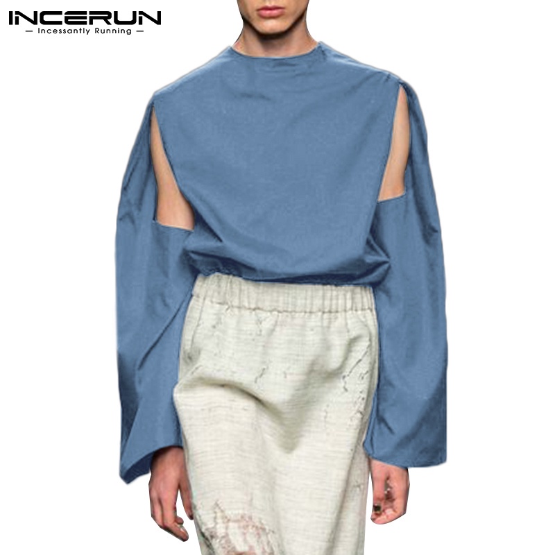 Áo thun INCERUN cổ tròn dài tay thiết kế cắt hở 3 màu thời trang cho nam