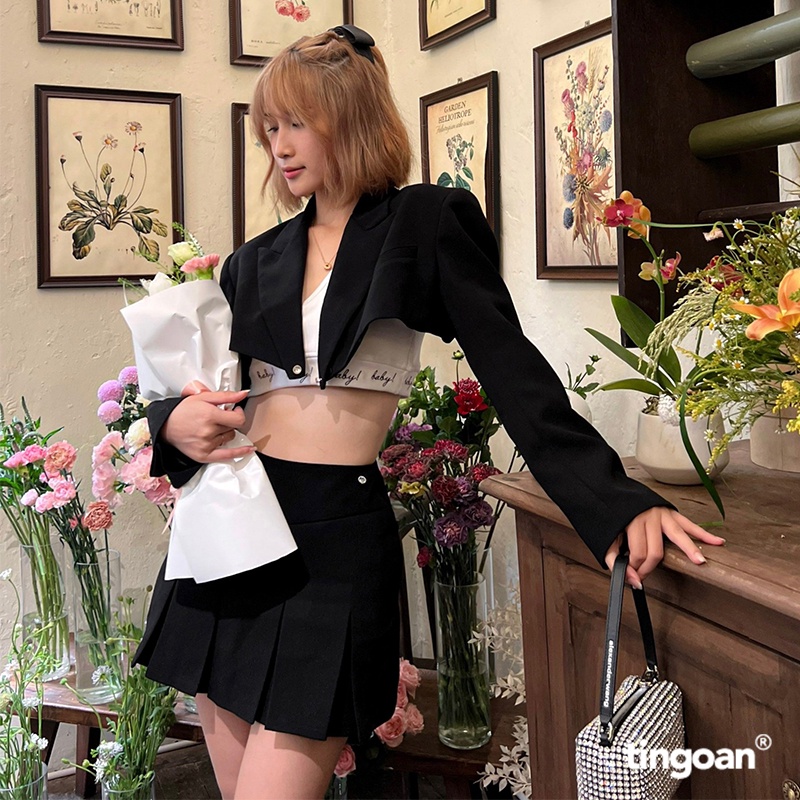 TINGOAN®  -  Áo khoác vest đen crop ngắn khoét lưng tingoan SAD MOOD VEST/BL