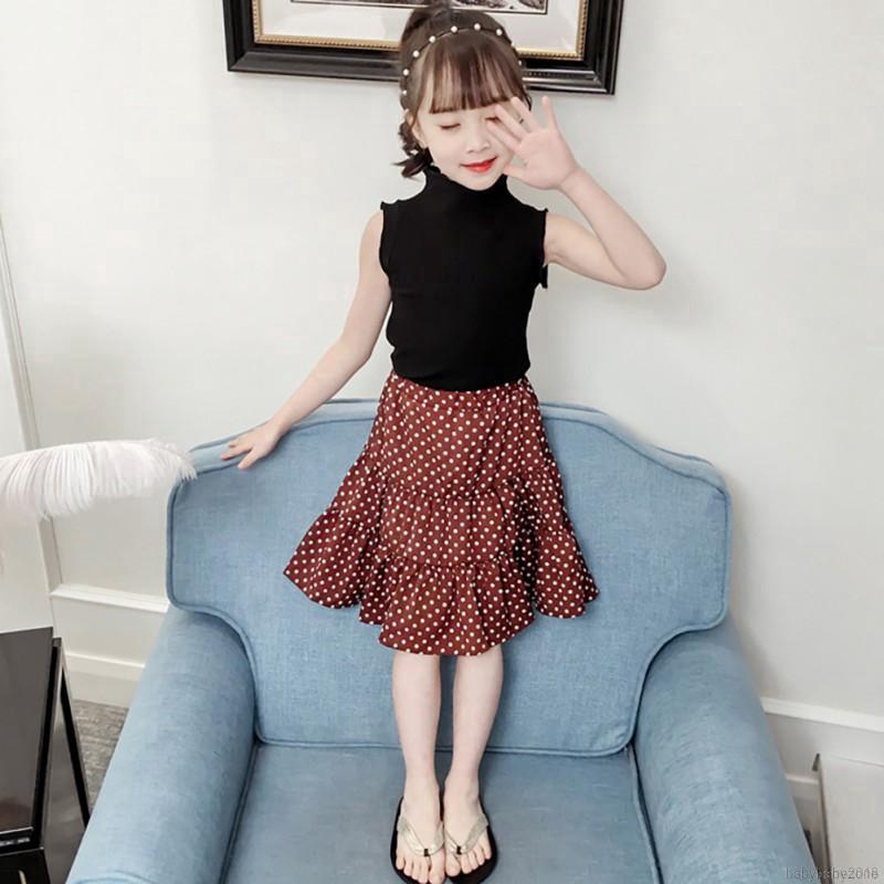 Set áo thun sát nách cổ tròn + chân váy chấm bi cho bé gái