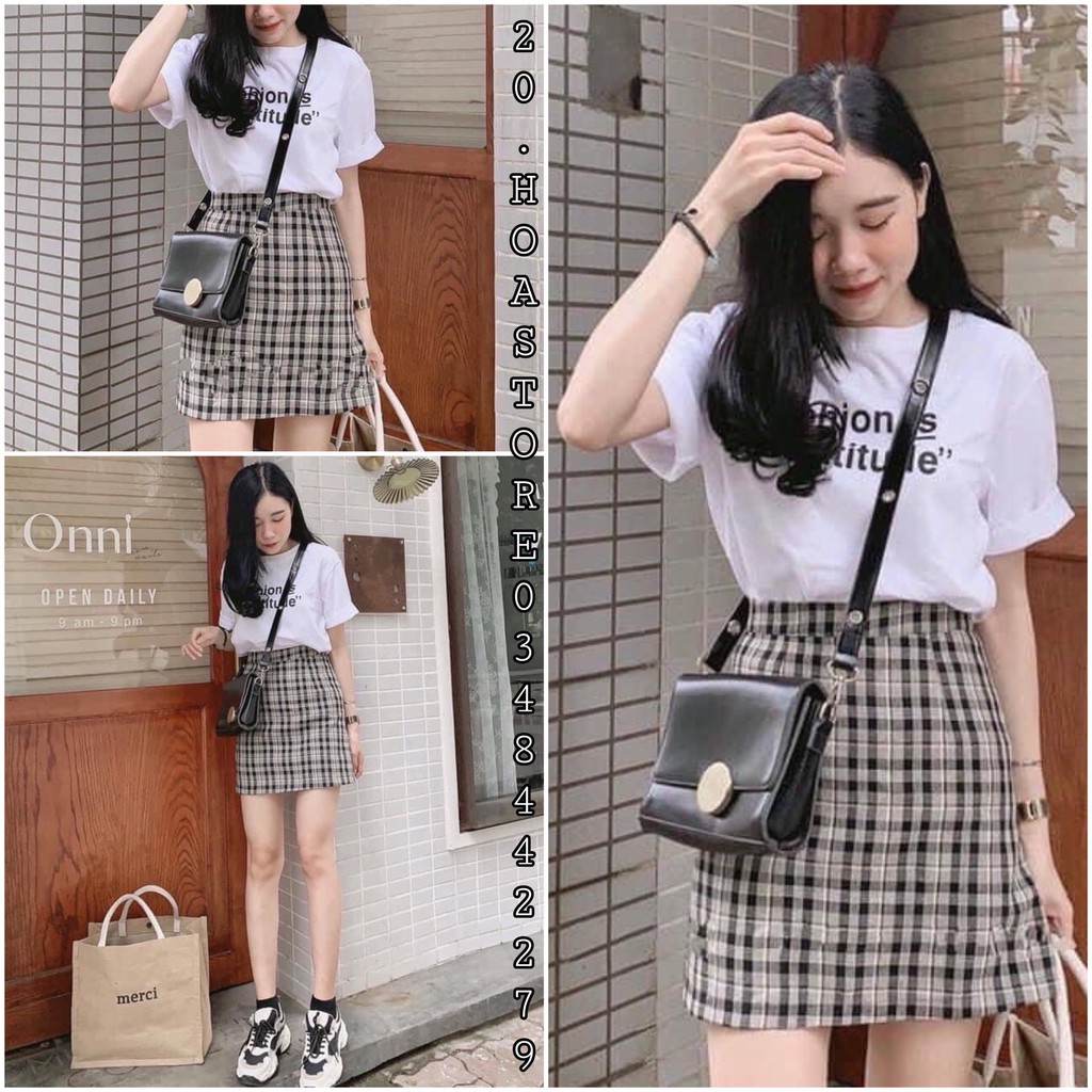 Bộ Chân Váy Kẻ FASHION Áo Phông Nữ 🦋 Set Áo Thun Cộc Tay Kèm Chân Váy Chữ A Cạp Cao Màu Be Hot