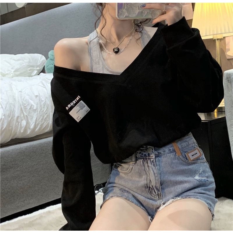 Áo Thun Tay Dài Hở Vai In Chữ Thời Trang Mùa Thu Hàn Quốc 2022 Mới